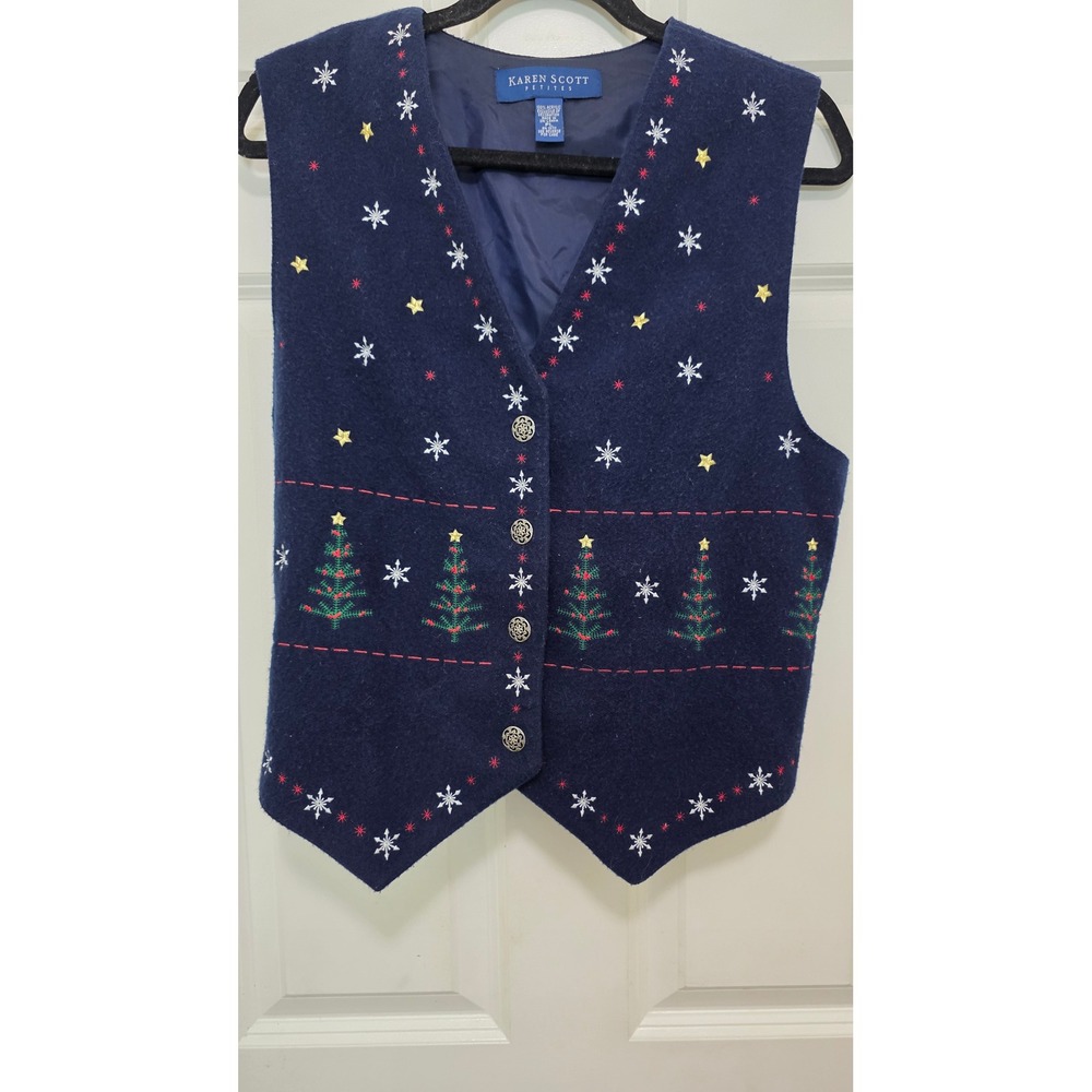 Karen Scott Christmas Vest Womens PL Large‎ Blue Embroidered Holiday Snowflake